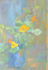 Still life of flowers in a vase by Billie Newey, oil on board, sold Jul 2025
