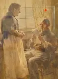 Interior scene with two elderly figures before a window by Albert George Stevens, watercolour, sold Jul 2025