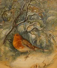 Study of a robin in winter by Ernest Henri Griset, watercolour, sold Jul 2025