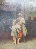 Children measuring their height by Arthur Acland Hunt, oil on panel, offered Jul 2025