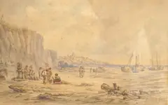 Coastal scene with fisherman by David Cox, watercolour, sold Jul 2025