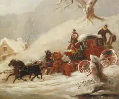 Coaching scene in snow by Charles Cooper Henderson, oil on canvas, offered Jul 2025