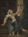 A woman and child with a bird by Alexandre Le Bihan, oil on canvas, offered Jul 2025