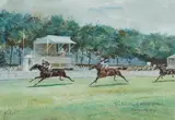 The Princess of Wales Stakes, Newmarket, 1909 by John Beer, watercolour and bodycolour, sold Jul 2025