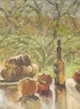Still life of fruit and vessels by Pamela Howell, oil on board, sold Jul 2025