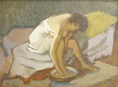 The Footbath by Charles James McCall, 1979, oil on board, sold Jul 2025