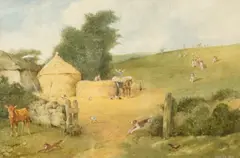 Farmyard scene with hounds by Henry Benjamin Roberts, 1902, watercolour, sold Jul 2025