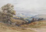 monogrammist, Panoramic mountainous landscape with cottage, watercolour, 51 x 72cm, gilt by J.B., watercolour, offered Jul 2025