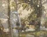 Landscape with trees and lake beyond by Alfred Edward Borthwick, 1931, oil on board, offered Jun 2025