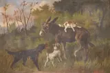 Study of a donkey, cat and dogs before a landscape by Michelangelo Meucci, 1901, oil on canvas, sold Jun 2025
