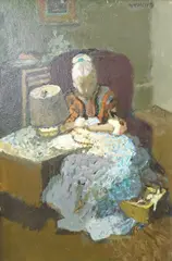 Woman sewing by Charles James McCall, 1976, oil on board, sold Jun 2025