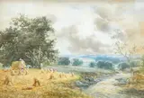 Landscape with figures haymaking by James Hamilton, watercolour, offered Jun 2025