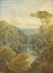 Riverscape with a bridge by Alfred Augustus Glendening, Sr., oil on canvas, sold Jun 2025