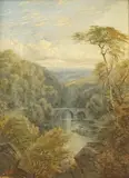 Riverscape with a bridge by Alfred Augustus Glendening, Sr., oil on canvas, sold Jun 2025