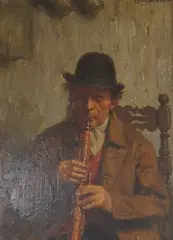 Study of a man playing the clarinet by Henry Kokken, oil on board, sold Jun 2025