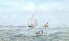 Shipping off coast with a rowing boat in the foregroun by Édouard Adam, watercolour, sold Jun 2025