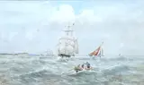 Shipping off coast with a rowing boat in the foregroun by Édouard Adam, watercolour, sold Jun 2025