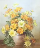 Still life of Chrysanthemums by Jack Carter, 1975, watercolour, sold Jun 2025