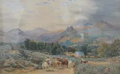 Extensive landscape with cattle by John William Salter, 1870, watercolour, sold Jun 2025