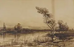Riverscape by John Terris, ink and wash, offered Jun 2025