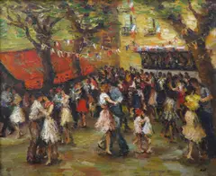 Dancing in the Square' signed lower right by Marcel Dyf, oil on canvas, sold Jun 2025