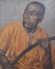 Portrait of a man holding a sword by Francis Wynne Thomas, oil on canvas, sold Jun 2025