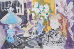 Girl with red hair in an interior by Emilio Grau Sala, mixed media on paper, sold Jun 2025