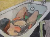 A woman in the bath, 1947 by Zdzislaw Ruszkowski, oil on board, sold Jun 2025