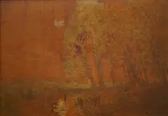 Moonlit trees beside a river by László Mednyánszky, oil on panel, sold Jun 2025