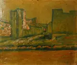 Modernist industrial landscape by Hugo Scheiber, oil on board, sold Jun 2025