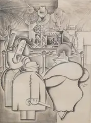 Figures around a bar by Charles Tudor, pencil on paper, sold Jun 2025