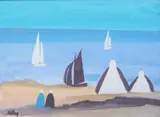 Figures watching boats from the shore by Markey Robinson, gouache, sold Jun 2025