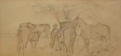 A figure and three horses in a landscape by László Mednyánszky, pencil and wash on paper, sold Jun 2025