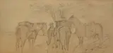 A figure and three horses in a landscape by László Mednyánszky, pencil and wash on paper, sold Jun 2025