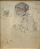 A woman sewing in an interior by Izsák Perlmutter, pencil, sold Jun 2025