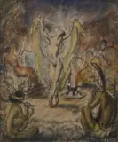 Colour Dance' 1920,a nude female dancing beside a camp fire surrounded by onlookers by Gyula Derkovits, watercolour and pencil, sold Jun 2025