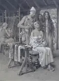 The Women Sacrificing Their Hair by Fortunino Matania, pencil, sold Jun 2025