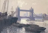Impressionist oil on board, Thames riverscape, Tower Bridge by Ronald George Lampitt, oil on board, sold Jun 2025