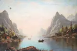 Continental mountainous riverscape by Niels Hans Christiansen, oil on canvas, sold Jun 2025