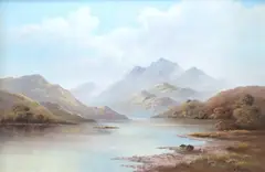 Mountainous riverscape by Wendy Reeves, oil on canvas, sold Jun 2025