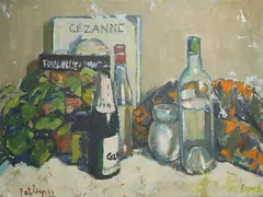 Still life of vessels and books by Llewellyn Petley-Jones, oil, sold Jun 2025