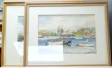 Cornish town scene with beached fishing boats by Jim Birt, 1948, watercolour, offered Jun 2025