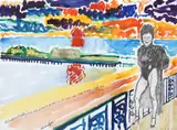 ‘The Grand Hotel, Brighton Terrace with the promenade, West Pier, Sunset and a lady standing in light rain by John Bratby, watercolour, offered Jun 2025
