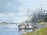 Boats on the River Crouch, Holbridge, Essex by Josiah John Sturgeon, oil, sold Jun 2025
