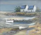 Brittany coastal scene with cottages by Jean LeGuen, oil on canvas, offered Jun 2025