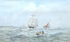 Shipping off coast with a rowing boat in the foregroun by Édouard Adam, watercolour, offered Jun 2025