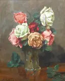 Still life of roses in a vase by František Ondrúšek, oil on board, sold Jun 2025