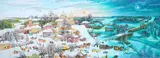 Winter scene by sun and moonlight by Dina Eltseva, oil on canvas, sold Jun 2025