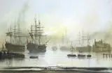 Shipping scene by John Bampfield, oil on canvas, sold Jun 2025