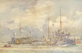 A cruiser steaming past an old hulk anchored in th by B. F. Gribble, watercolour, sold Jun 2025